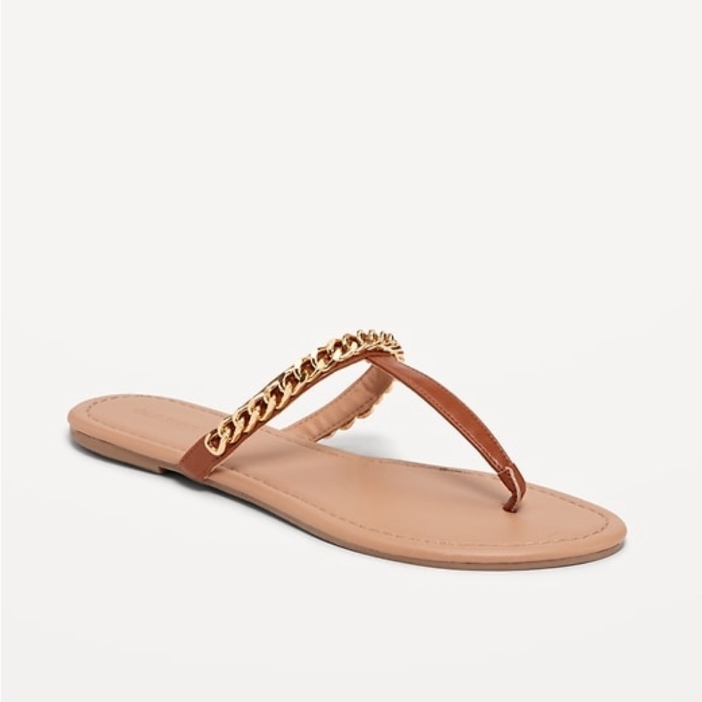 Old Navy Nude Faux-Leather T-Strap Chain Sandals Size 7 New With Tags